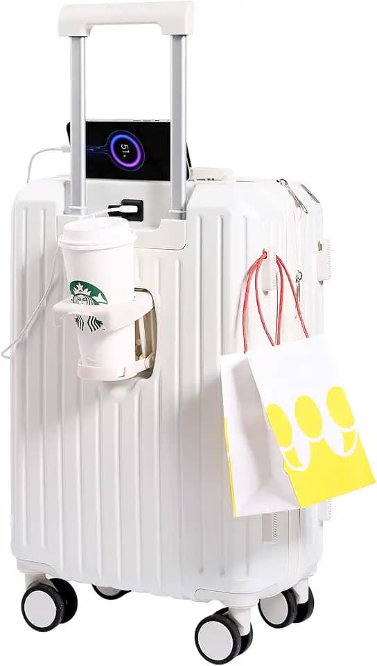 20" White Carry-On Luggage, Cup Holder & USB, Hard She
