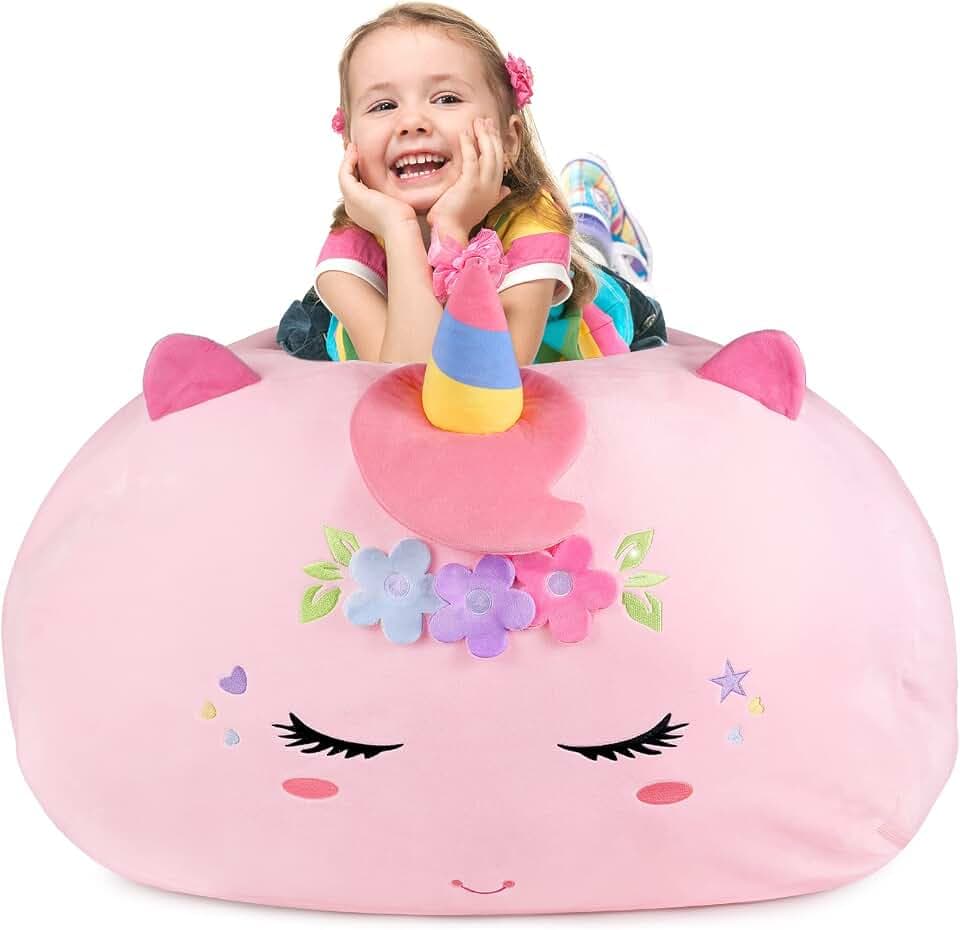 GAGAKU Kuscheltier Sitzsack Aufbewahrung Abdeckung 200L, XXL Spielzeug Aufbewharungstasche für Kinderzimmer Große Füllbarer Reißverschluss Sitzsack zum Organisieren (Einhorn)