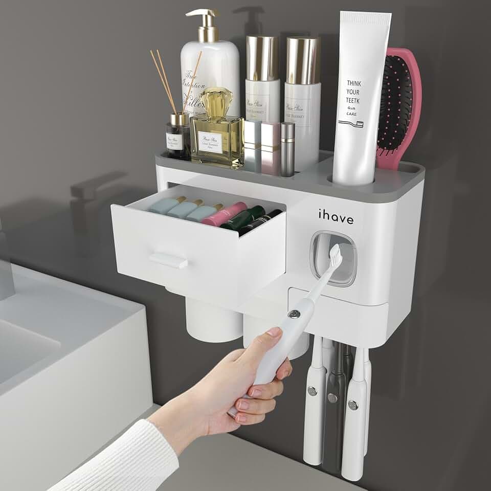 iHave Toothbrush Holders Wall Mounted with Toothpaste Dispenser & 2 Cups