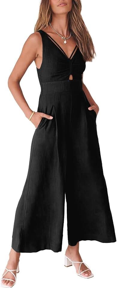 ANRABESS Womens Summer Linen Wide Leg Sleeveless Jumpsuits