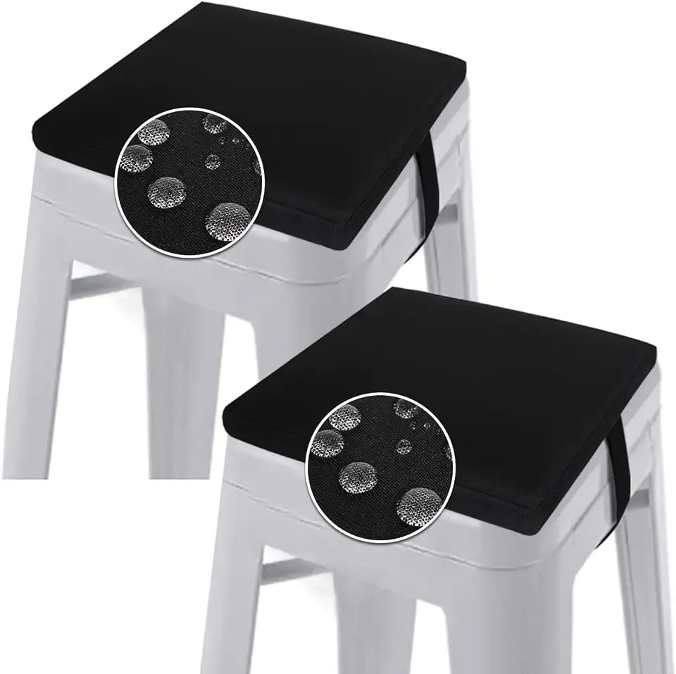 GUEGLSA Indoor Outdoor Bar Stool Cushions 12x12 Inch,Non Slip Square Seat Pad with Straps,Waterproof Fade Resistant Small Metal Chair Cushion Set of 2,Cushion Only, (Black)
