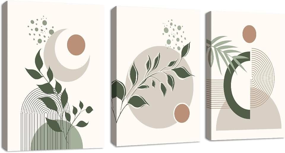 3Pcs Boho Blätter Leinwandbilder Bilder Set mit Rahmen Grüne Pflanze Bilder Geometrisch Moderne Wandbilder Schlafzimmer Bild Auf Leinwand Kunstdruck Deko für Wohnzimmer fertig zum Aufhängen 50x70cmx3