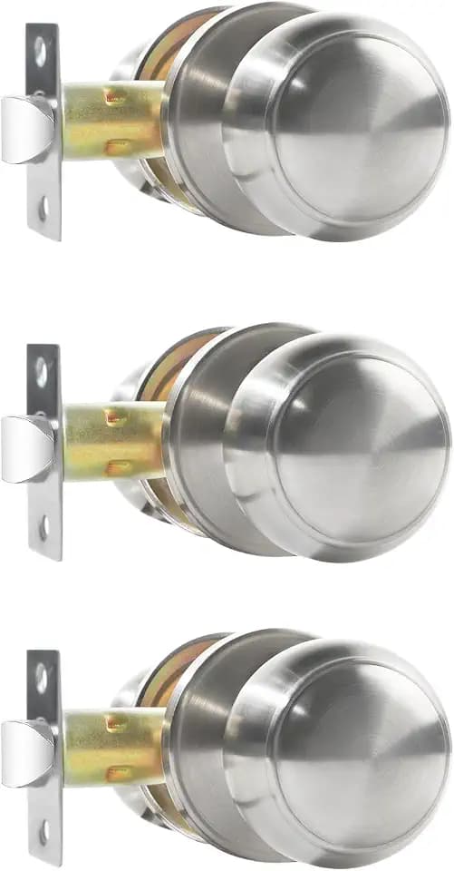 RAZCC Passage Door Knobs, 3 Pack Satin Nickel Door Knobs, for Hallway & Closet Non-Locking Interior Round Door Handles Keyless Reversible for Left Right Handed Doors