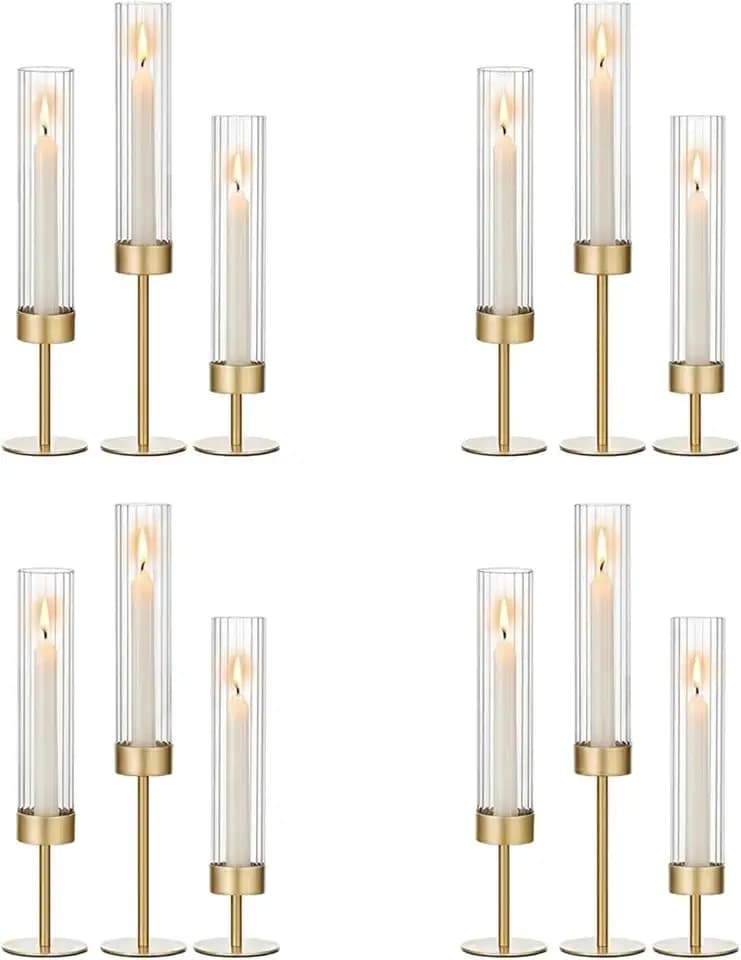 Gold Hurricane Candlestick Candle Holders - Set of 12, Brass, Fluted Glass