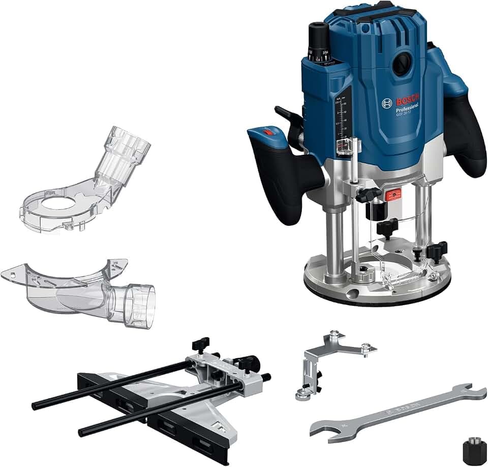 Bosch Professional kabelgebundene Oberfräse GOF 20-12 (2000W, inkl. Staubabsaugung, Rollenführung und Parallelanschlag, Zentrierstift, Steckschlüssel, Spannzangen-Set 12 mm, 8mm, 1x Kopierhülse)