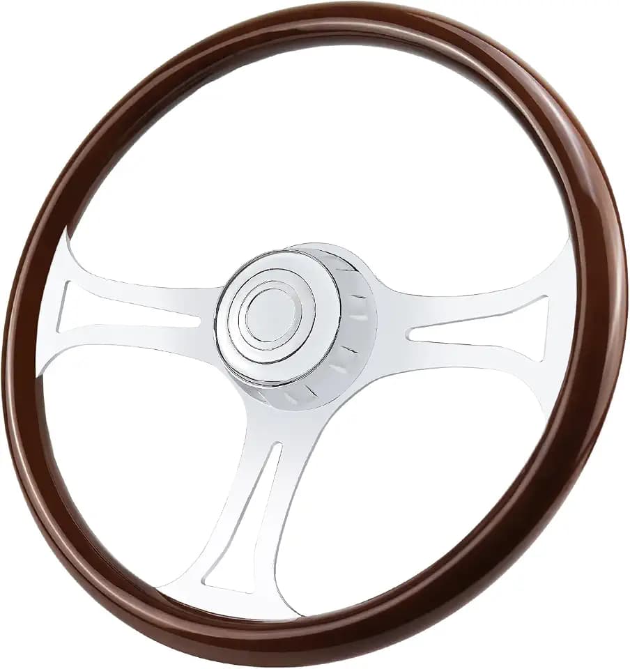18" Solid Wood Truck Steering Wheel 3 Spoke Aluminum with Long Hole Chrome Plated Steering Wheel for Semi-Trailers,Trucks for Kenworth,Peterbilt,Volvo, Freightliner