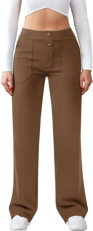 Friptspyg Hose Damen Hohe Taille Weite Hose Knopf Gerades Bein Hose Casual Arbeit Hose Stretch Yogahose mit Taschen