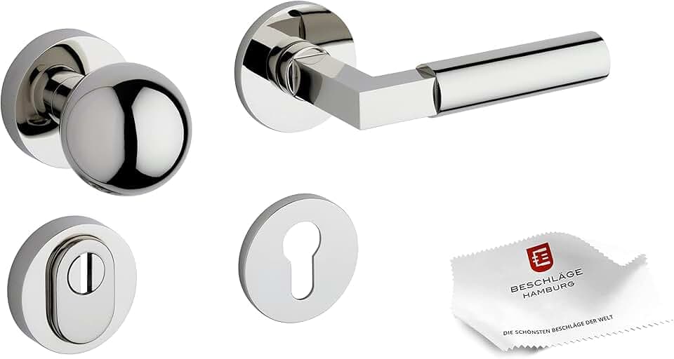 Beschläge Hamburg | Türgriffe Schutzbeschlag | BAUHAUS PRIME SH 07ZAMAK MPN PVD | Türdrücker Rosetten Sicherheitsgarnitur die Wohnungs- und Hauseingangstür | Türbeschlag, ø 52 mm in Nickel poliert
