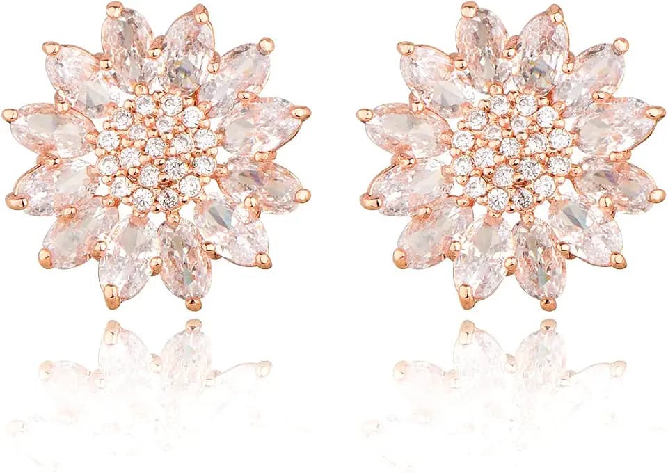 Crystal Flower Burst Stud Earirings - Big Sterling Silver CZ Cubic Zirconia Rhinestone Daisy Sunflower Floral Cluster Studs Bridal Wedding Party Prom Costume Jewelry for Bride Bridesmaids Women Birthstone Birthday Gift