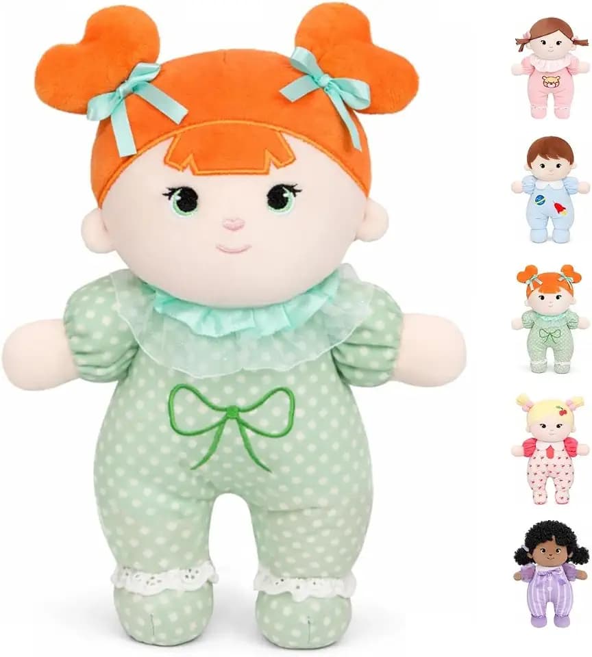 Soft Baby Doll 10" Green Rag Doll, Plush First Doll for 1 Year Old