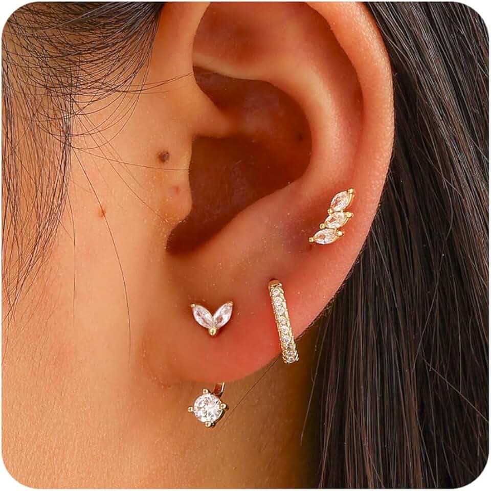 FISSEN JEWELRY Gold Earrings for Women Trendy 14k Gold Plated Dainty Cartilage Earring Stacks Small Dangle Huggie Hoops Earrings Hypoallergenic CZ Diamond Stud Earring Sets for Multiple Piercing Jewelry Gift