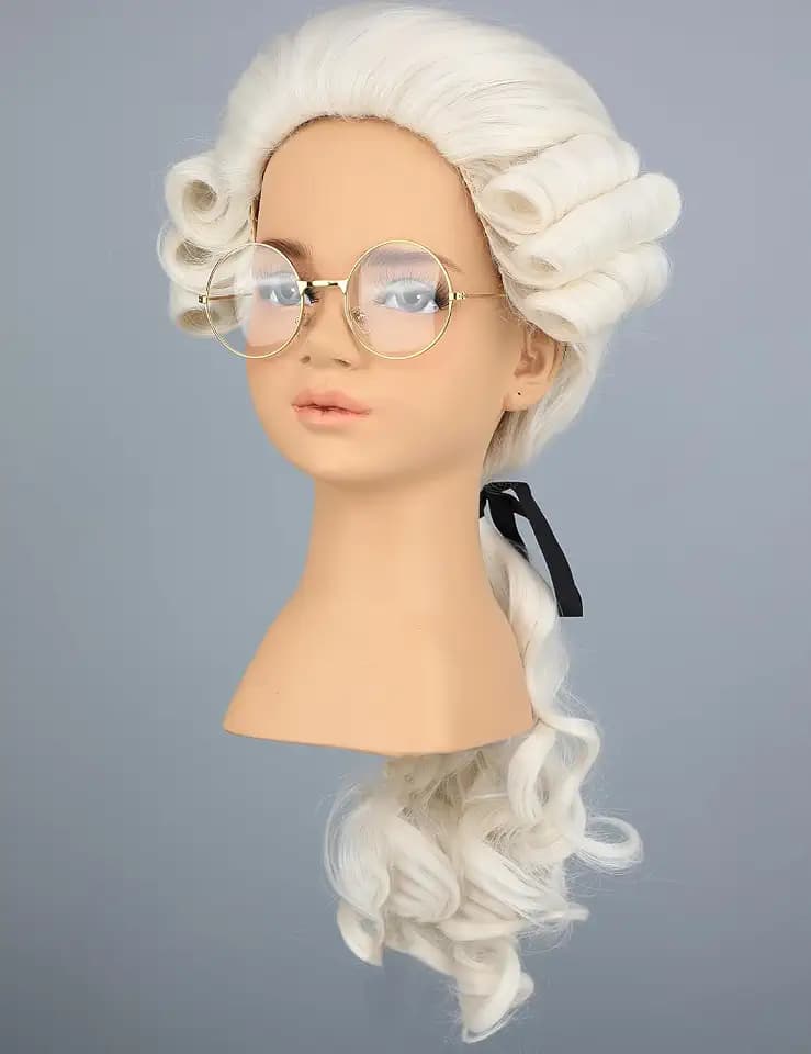 morvally Kids Colonial Judge Wig and Glasses 18th Century Costume Blonde Powered Hair Wig for Children Halloween Costume Cosplay (Beige)