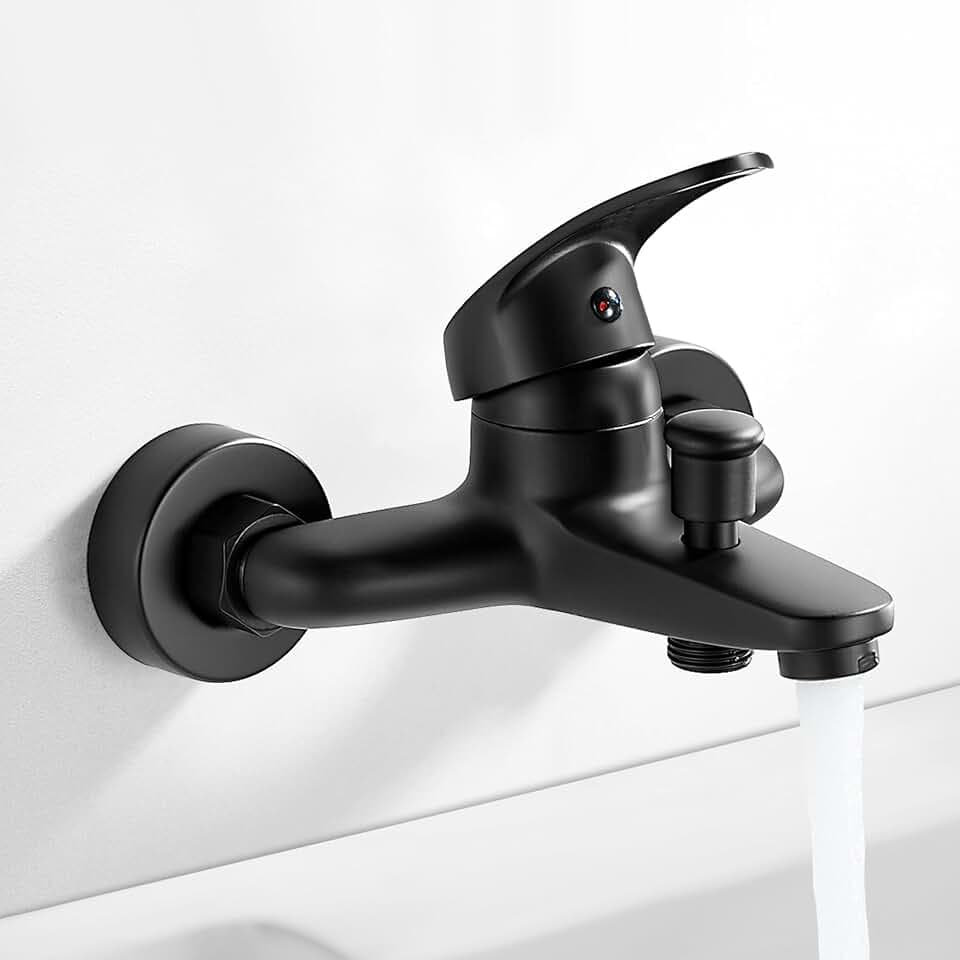 Badewannenarmatur Aufputz,Einhebelmischer mit 1/2 Zoll Brauseabgang Schwarz | Massives Messing, Keramikkartusche, Wandmontage, G1/2 Anschluss, 135–165 mm Lochabstand, Matte Anti-Fingerprint Oberfläche