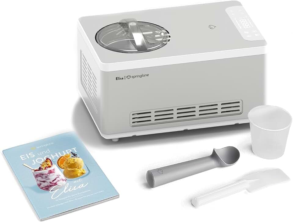 SPRINGLANE Eismaschine & Joghurtbereiter Elisa 2,0 L mit selbstkühlendem Kompressor 220 W, aus Edelstahl mit Kühl- und Heizfunktion, inkl. Rezeptheft (Elisa Silber)