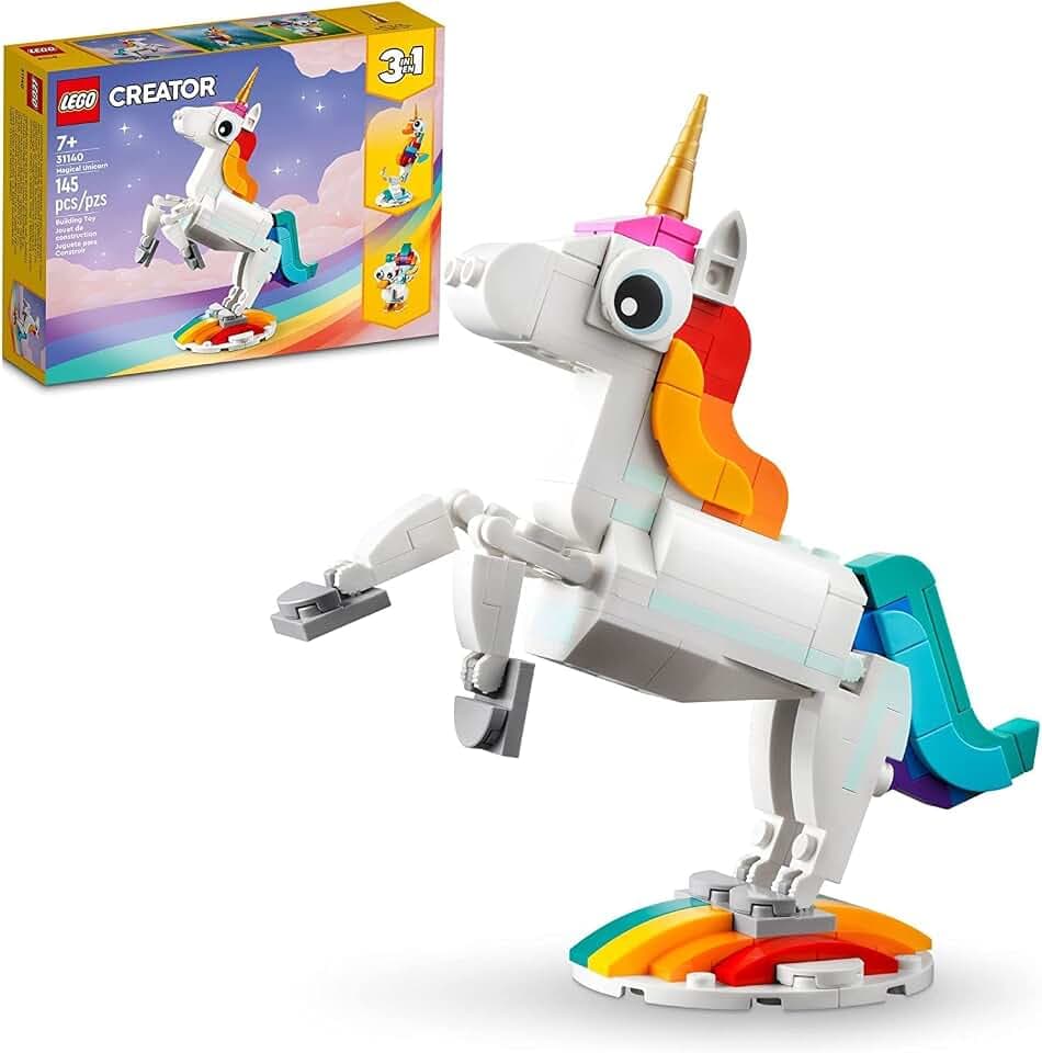 LEGO Creator 3 in 1 Magisches Einhorn Spielzeug, Verwandelt von Einhorn zu Seepferdchen zu Pfau, Regenbogen Tierfiguren Einhorn Geschenk für Enkelkinder Mädchen Jungen Spielzeug zum Zusammenbauen