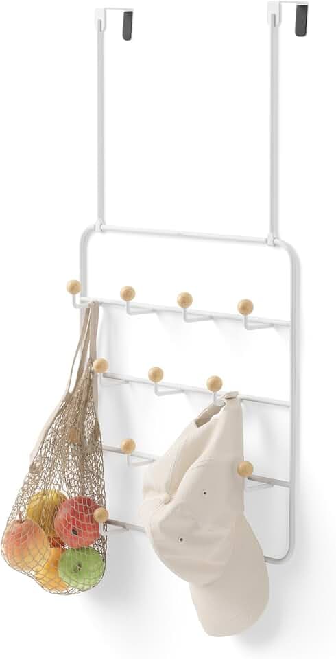 Umbra Estique Türgarderobe ohne Bohren, 14 Haken Stahl, Weiss/Natur | Holzkugeln schützen empfindliche Gegenstände, Klapphaken für Wand oder Tür, max 4,4 cm Türstärke, minimalistisches Design