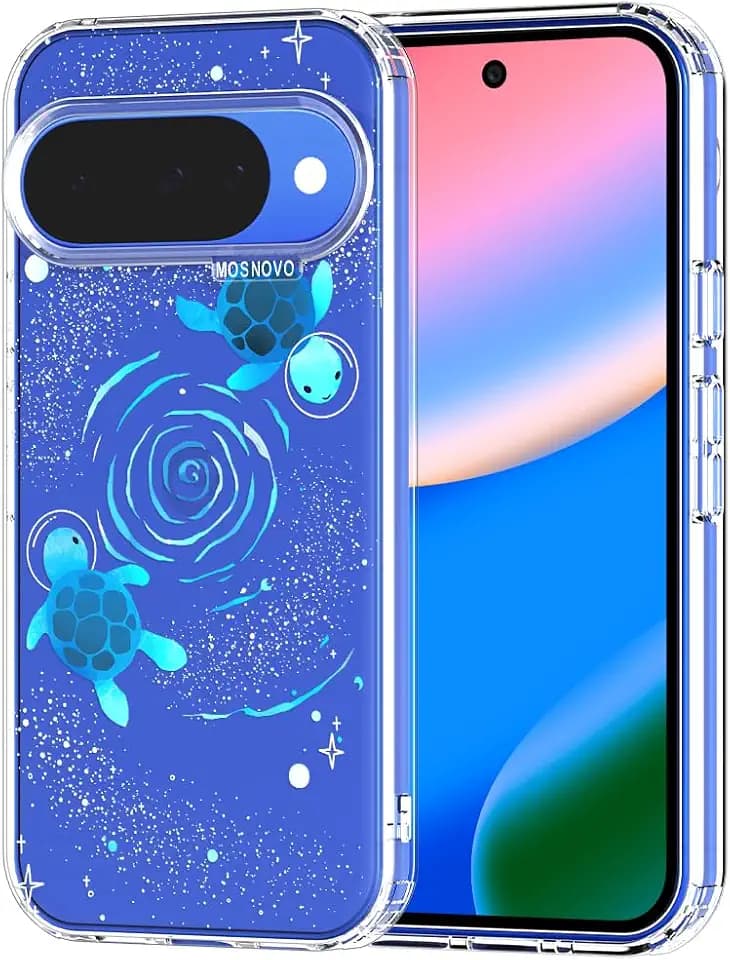 MOSNOVO Case for Google Pixel 10 & Pixel 10 Pro, [Buffertech 6.6ft Military-Grade Drop Protection] [Anti Peel Off Tech] Clear TPU Bumper Phone Case Cover Design - Space Turtle
