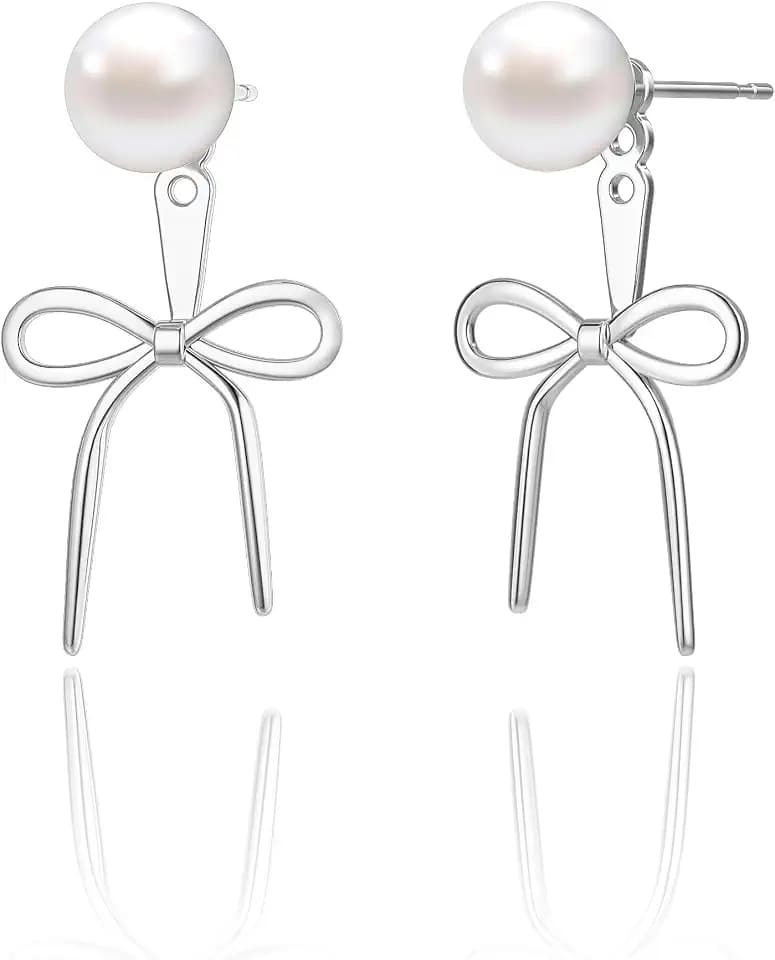 Risamil 14K Gold Plated/Silver Earrings for Women Trendy, Dainty Bow Earrings for Women Cute Pearl Huggie Earring Hoops Twist Rope Bow Stud Pearl Dangle Cubic Zirconia Earrings Jewelry Gifts