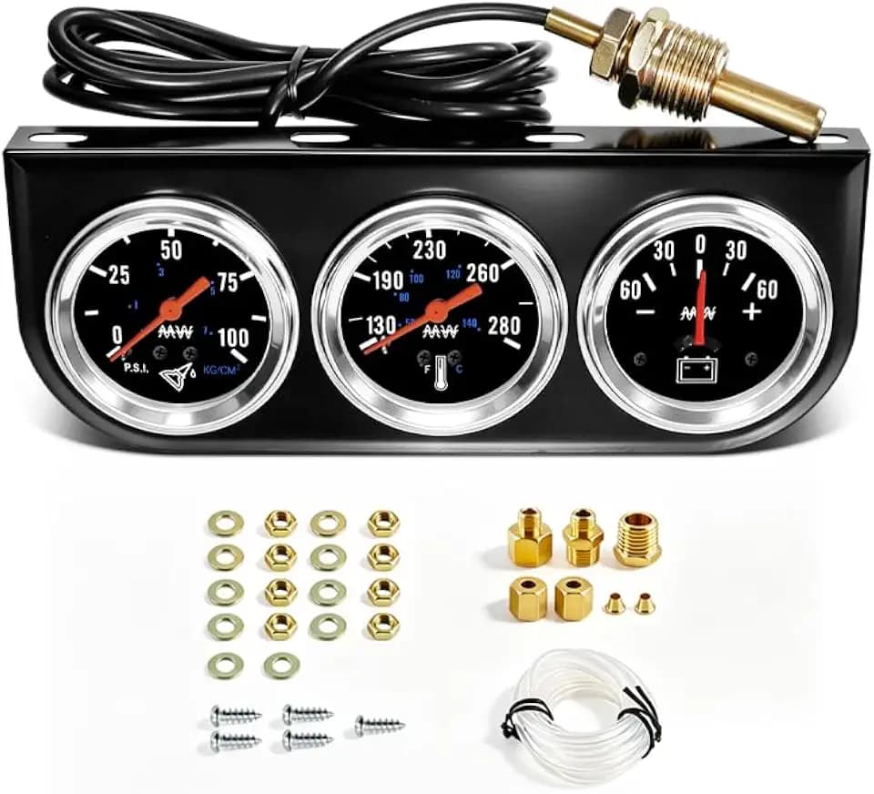 2" 52mm 3-in-1 Triple Gauge Set, 0-100 PSI Oil Pressure Gauge, -60-60 AMP Ammeter Gauge, 130-280°F Water Temp Gauge, Auto Triple Gauge Kit for Car, Truck & Pickup (Black)