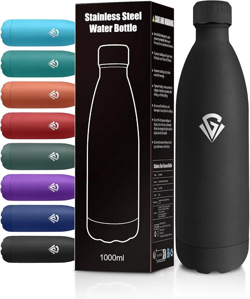 Edelstahl Trinkflasche 1L, Auslaufsicher und BPA-Frei, Thermosflasche Kohlensäure Geeignet, Doppelwandig Isoliert, für Laufen, Fahrrad, Fitness, Outdoor und Reisen