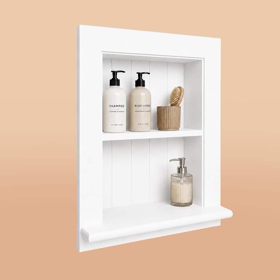 Royxen 14 x 18 Recessed Medicine Cabinet Without Mirror, 2-Tier Solid Wood Bathroom Wall Niche, in-Wall Storage Cabinet Insert for Drywall, White