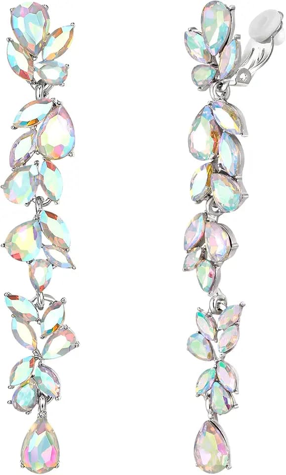 EVER FAITH Wedding Rhinestone Crystal Chandelier Clip-on Earrings for Women Brides, Art Deco Marquise Teardrop Bridal Long Dangle Drop Earring for Prom