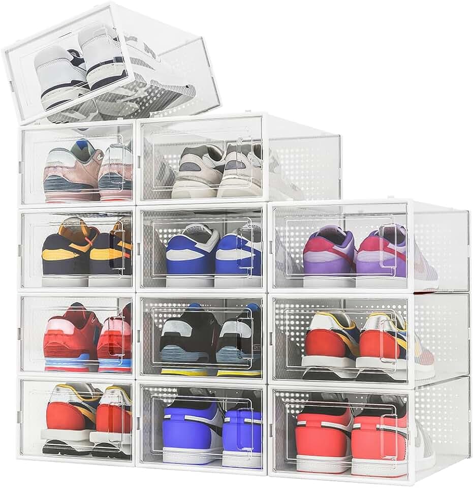BAKAJI 12 x stapelbare Schuhkartons mit Deckeln, einfache Montage, platzsparend, transparent, Aufbewahrungsboxen (Set mit 12 Stück, 33,5 x 23 x 4,5 cm)