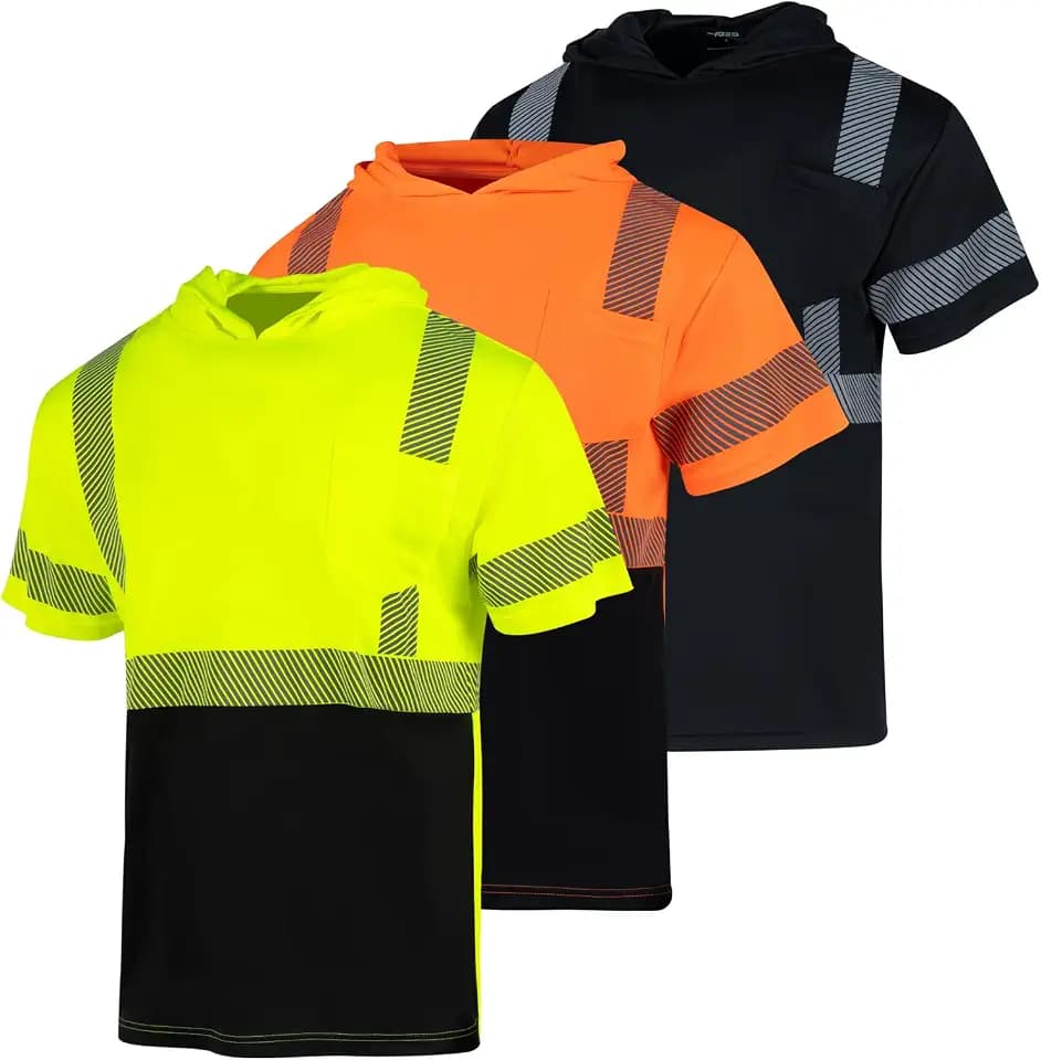 FONIRRA 3 Pack Hi Vis Shirts for Men Safety Reflective Short Sleeve Construction Work T Shirt with Hood
