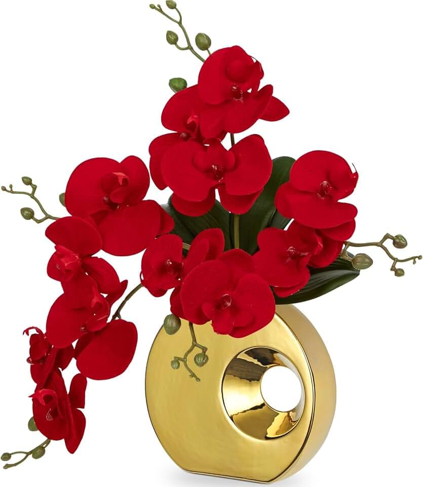 Kunstpflanze Orchideen mit Keramik Donut Vase Künstliche Blume Phalaenopsis Kunstblumen Wie Echt Mit Real-Touch Blüten im Keramiktopf für Tischdekoration Wohnkultur Büro Hochzeitsfeier Dekoration