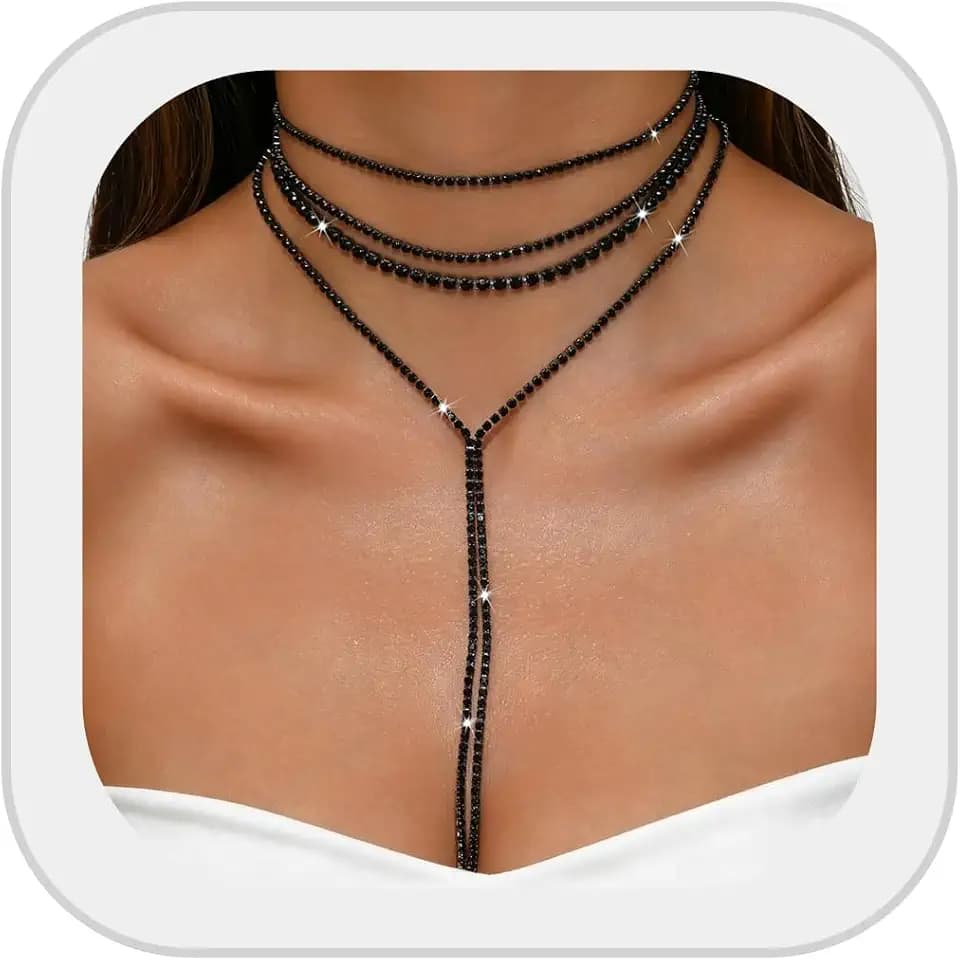 Layered Sexy Choker Necklace Rhinestone Statement Necklace Multilayered Y Long Rhinestones Choker Necklaces Long Layered Necklaces for Women