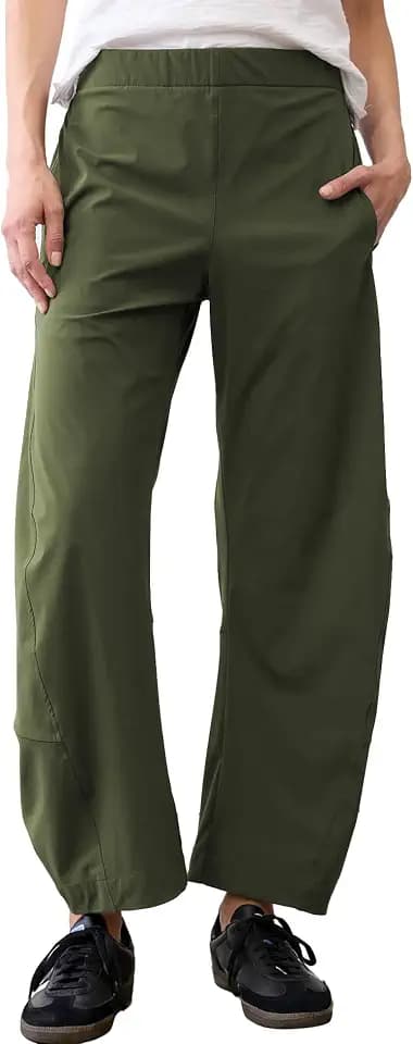 SeeLuNa Women Barrel Travel Pants Elastic Waistband Tapered Leg Baggy Mid Rise Work Trousers Lounge Pant with Pockets