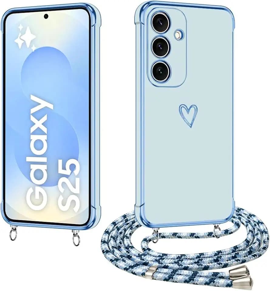 E-Lush Handyhülle Samsung Galaxy S25 Hülle mit Band, Herz Love Muster Galvanik Silikon Handy Hülle Samsung Galaxy S25 Schutzhülle mit Kordel zum Umhängen Kameraschutz Stoßfeste Case, Blau