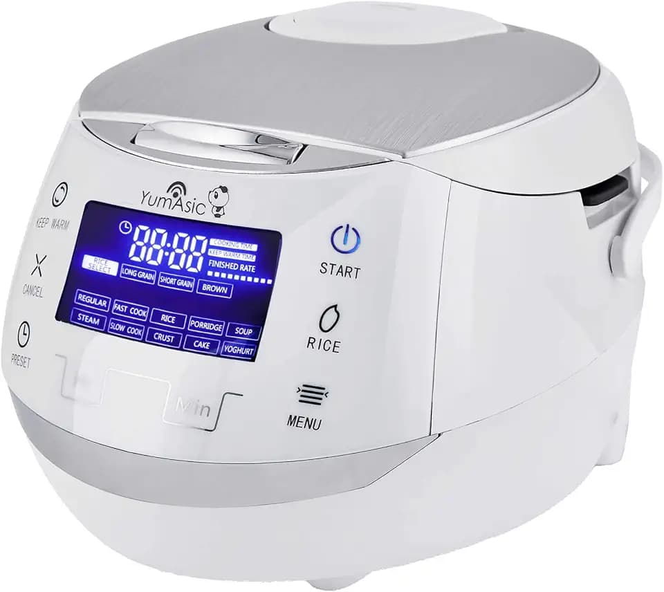 Yum Asia Sakura Reiskocher mit Keramikschale und Advanced Fuzzy Logic (8 Tassen, 1,5 Liter), 6 Reiskochfunktionen, 6 Multikocherfunktionen, Motouch LED-Display, 220-240V EU (weiß und silber)