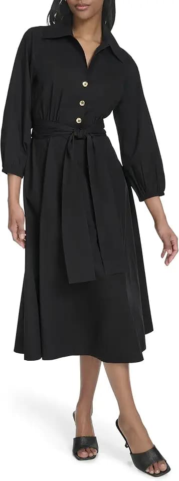 Halston Women's Cotton Poplin Waist Tie Fit & Flare Dress