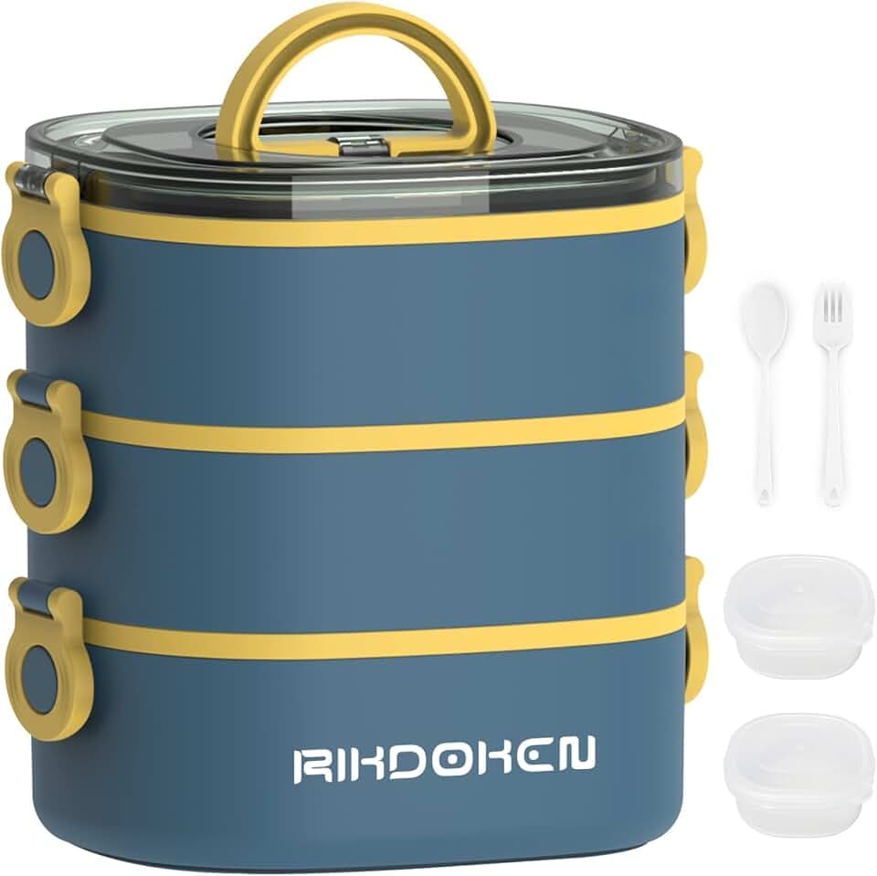 RIKDOKEN Bento Box Lunchbox, stapelbare 3-lagige Behälter, tragbare 2.6 l große Kapazität, auslaufsichere Bento-Box mit Löffel, mikrowellengeeignet, Lunchbox für Kinder und Erwachsene