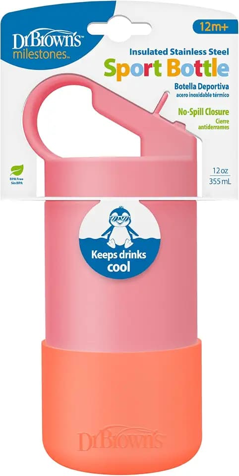 Dr. Brown's Insulated Stainless Steel Water Bottle, Straw Lid, 12oz, Pink