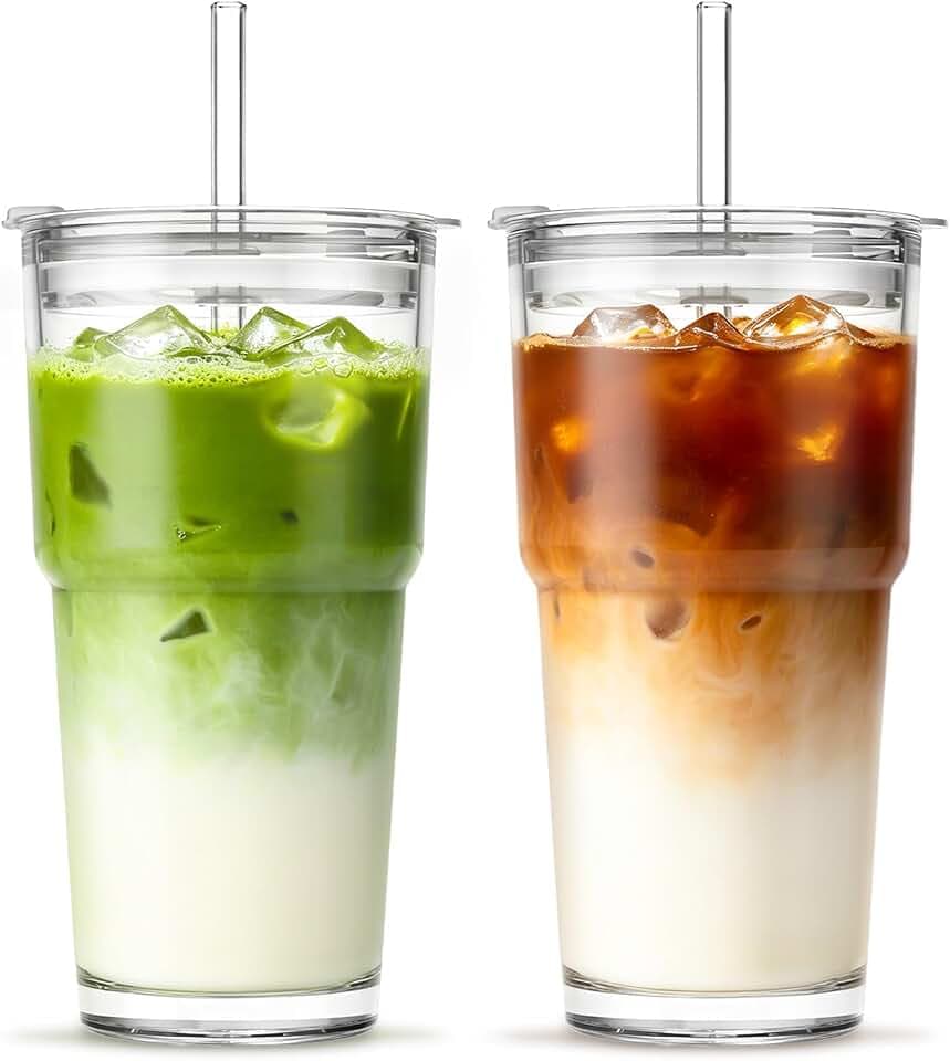 INSETLAN 20 oz Iced Coffee Cups with Lids and Straw, Set of 2 Glass Tumbler