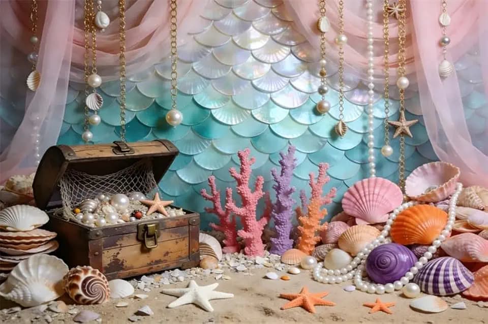 Enchanted Mermaid Backdrop 10x8ft - Fantasy Underwater Photography Background with Treasure Chest Pearl Starfish for Sea Mermaid Birthday Baby Shower Party Decoration Supplies Portrait Photo Props