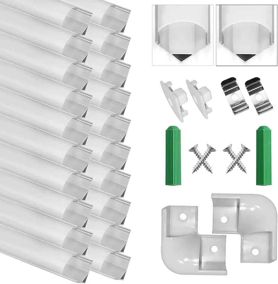 SENXINGYAN LED Aluminium Profil, 20 x 1M V-Form LED Profil/LED-Kanäle mit Deckel in Milchig-Weiß, Endkappen, Metall Befestigungs Clips und Eckverbindern