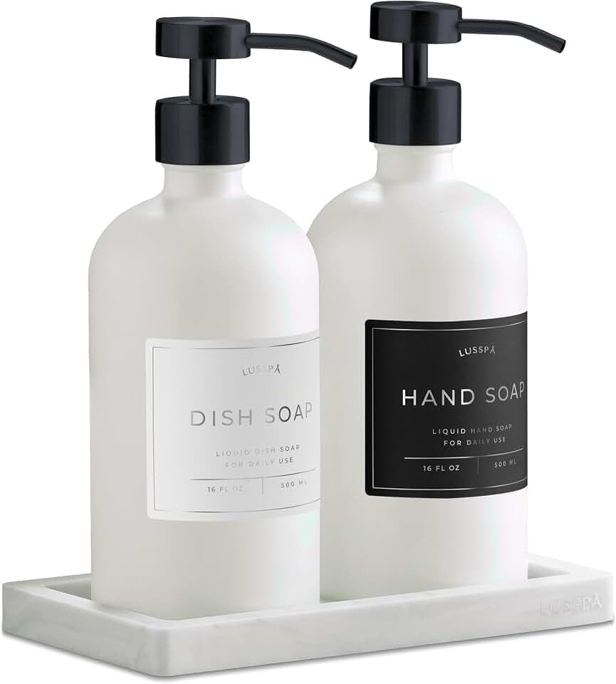 Glass Soap Dispenser Set of 2 (White) with Silicone Tray | Hand and Dish Soap Dispenser for Kitchen and Bathroom | 16.8 Oz Glass Bottles with Stainless Steel Pump & 15 Waterproof Labels (White/Black)