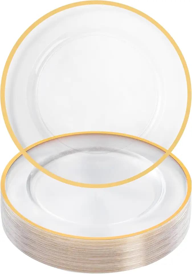 Goodluck 25 Pack 12 Inch Reusable Clear Charger Plates with Gold Rim