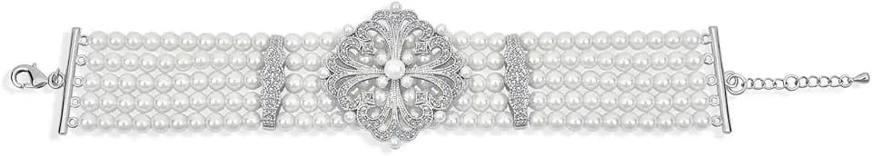 Bling Jewelry Antike Vintage Art Deco Stil Breites Statement Bräutigam Vier Multi-Strang Weiß Süßwasser Kultivierte Perle Halsreif Halskette Für Frauen, Hochzeit Silber Vergoldet Messing 7,5"