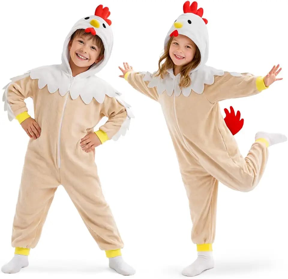 Kids Chicken Costume for Girls & Boys - 3D Hooded Rooster Jumpsuit Costume for Halloween Party