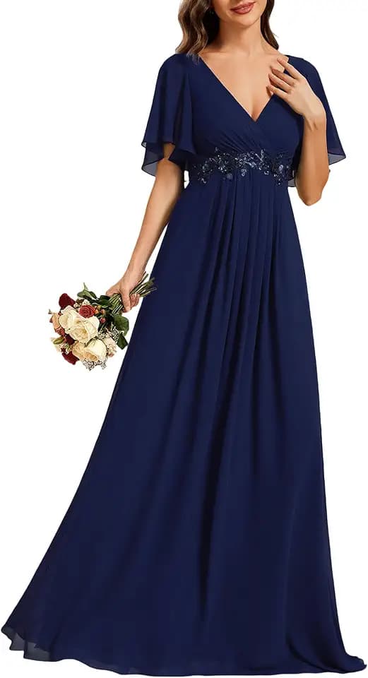 Ever-Pretty Women's Spring Short Sleeve Bridesmaid Dresses V-Neck Chiffon Ruched Empire Waist Appliques Long Formal Dress