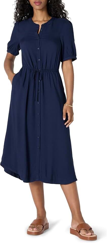Amazon Essentials Damen Relaxed Fit Atmungsaktives Midi-A-Linienkleid mit Halbärmeln, Vorderer Knopfleiste, Kordelzug in der Taille und Taschen