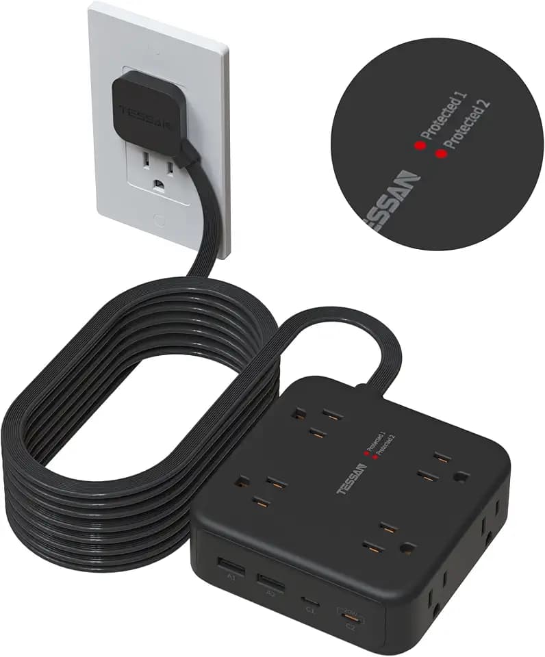 TESSAN Dual Surge Protector Power Strip, 15 Ft Extension Cord Flat Plug