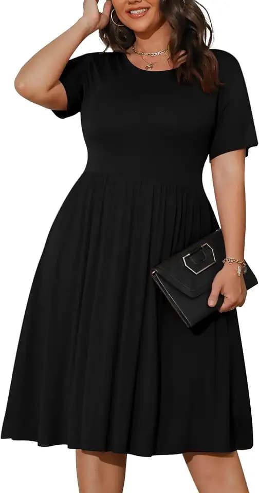 POSESHE Damen-Sommerkleid in Übergröße 2023, lässig, kurzärmelig, Empire-Taille, lockere Passform, Swing-T-Shirt-Kleid mit Taschen