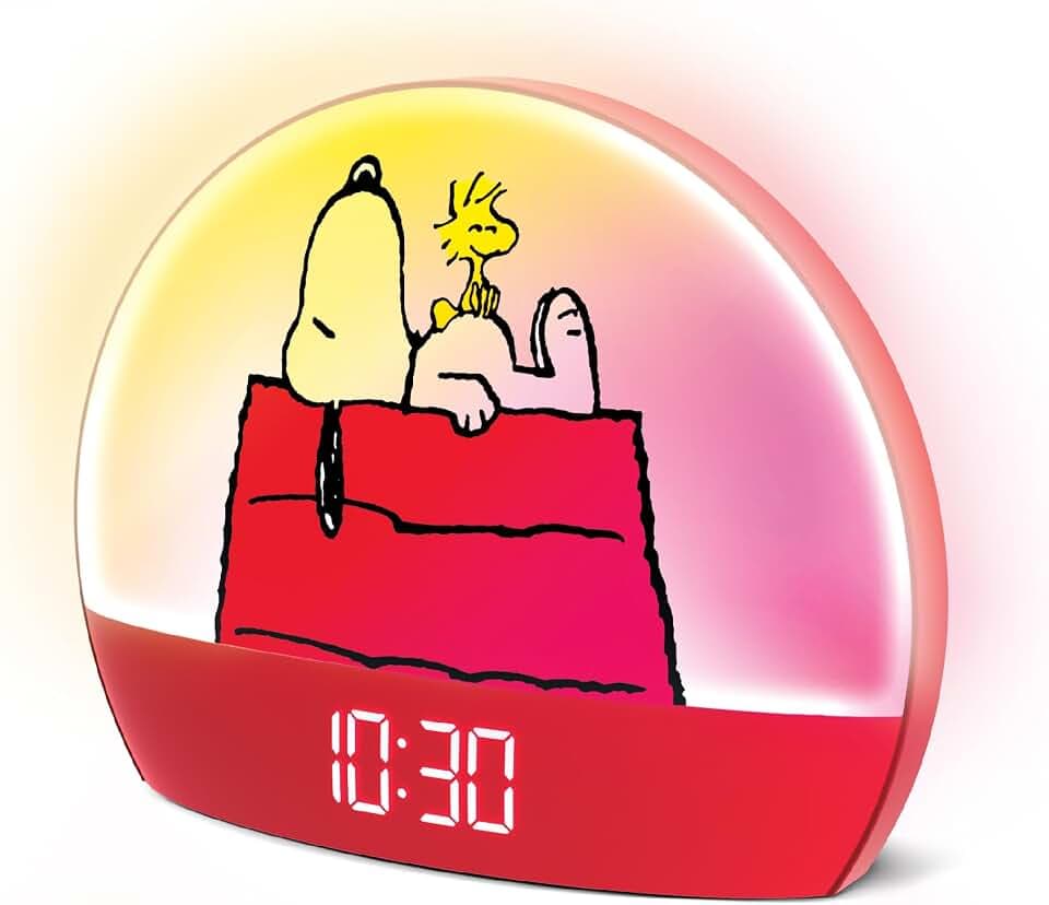 Peanuts Snoopy Sunrise Alarm Clock – Vibrant Snoopy Edition with Multicolor Lights, USB Charging, LED Display, Gentle Wake-Up Simulation, and Handy Snooze Function, Red