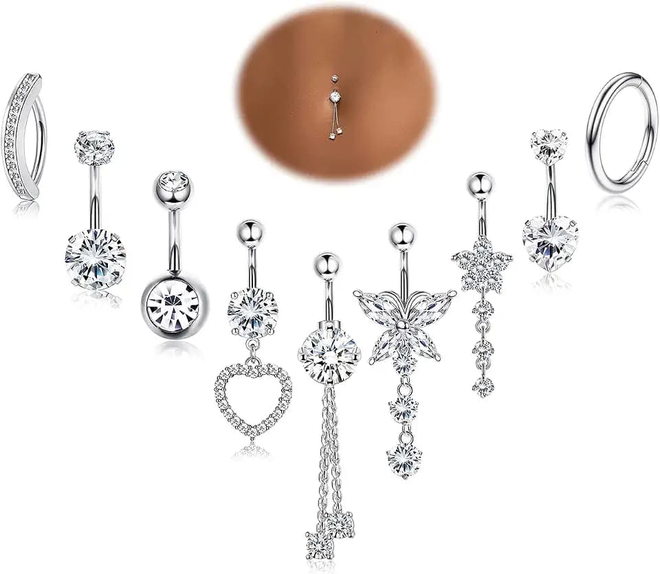 YADOCA 9Pcs 14G Bauchnabelpiercing Chirurgenstahl Silber/Gold Piercing Bauchnabel CZ Clicker Lang Bauchnabelpiercing Ring