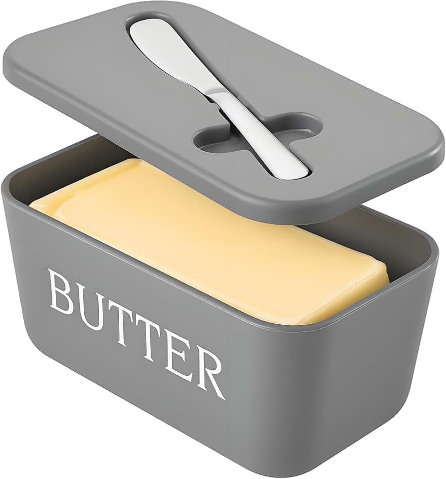 Butterdose mit Deckel und Messer, BPA-freier, lebensmittelechter Kunststoff, Butterbehälter mit Deckel für Zuhause, Coutertop und Kühlschrank, (Grau)